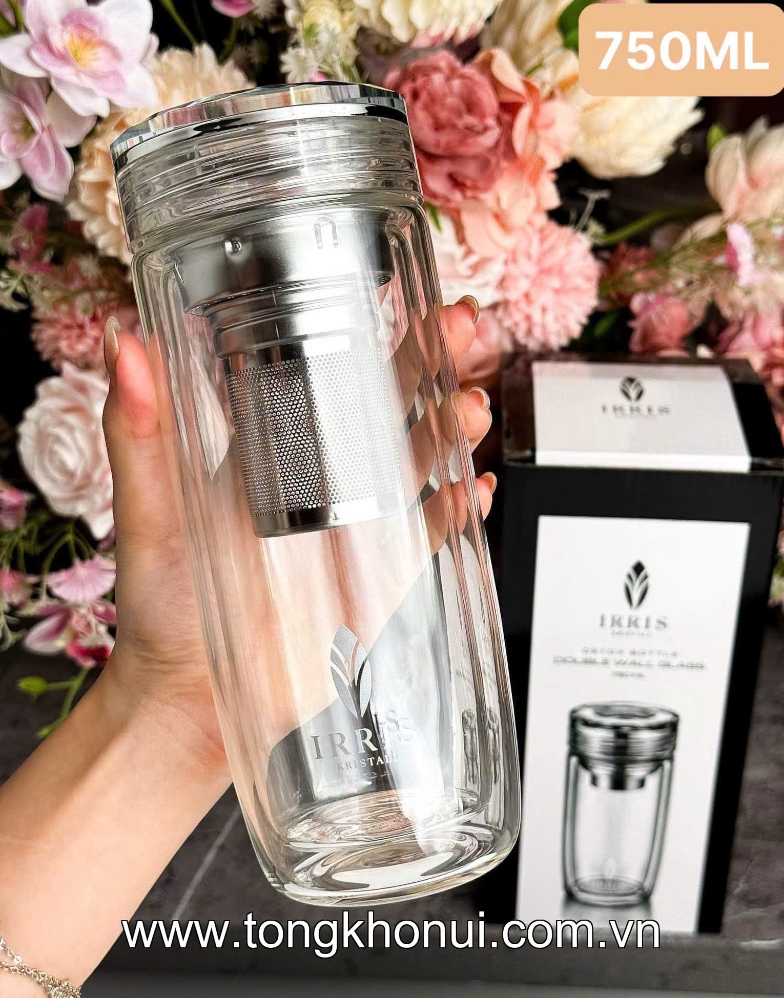 Bình Trà Dưỡng Nhan IRRIS 750ML: Thủy Tinh 2 Lớp Sang Trọng, Kèm Lọc Trà Tiện Lợi