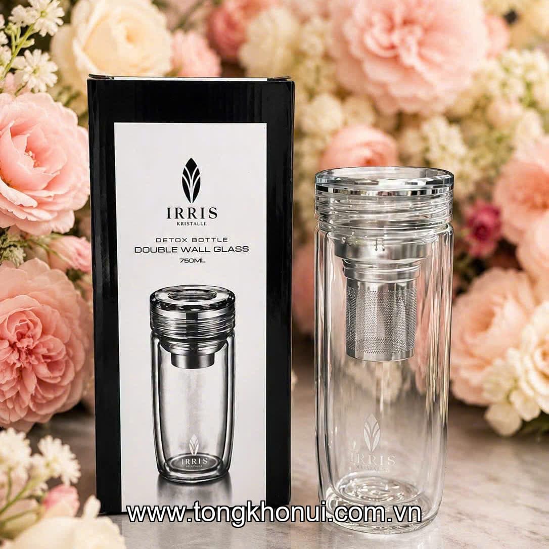 Bình Trà Dưỡng Nhan IRRIS 750ML: Thủy Tinh 2 Lớp Sang Trọng, Kèm Lọc Trà Tiện Lợi
