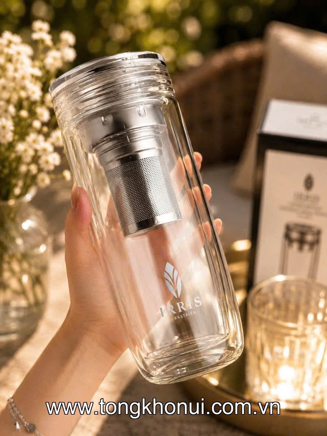 Bình Trà Dưỡng Nhan IRRIS 750ML: Thủy Tinh 2 Lớp Sang Trọng, Kèm Lọc Trà Tiện Lợi